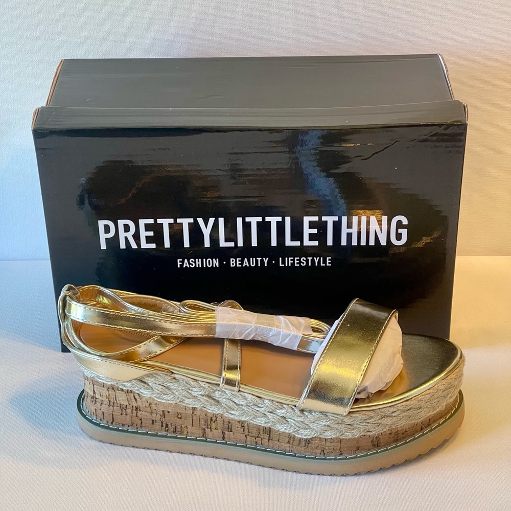 NIB PrettyLittleThing Metallic Gold Sandals Size 6/39 in UK/EU and U.S. Size 8